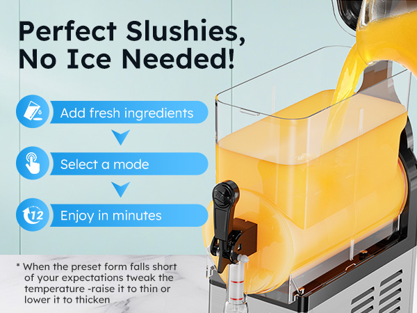 Mojgar 15L commercial slush machine with simple three step operation including adding ingredients, choosing preset mode and serving frozen drinks