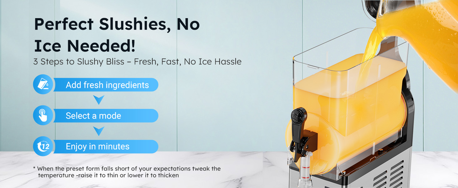 Mojgar 15L commercial slush machine with simple three step operation including adding ingredients, choosing preset mode and serving frozen drinks