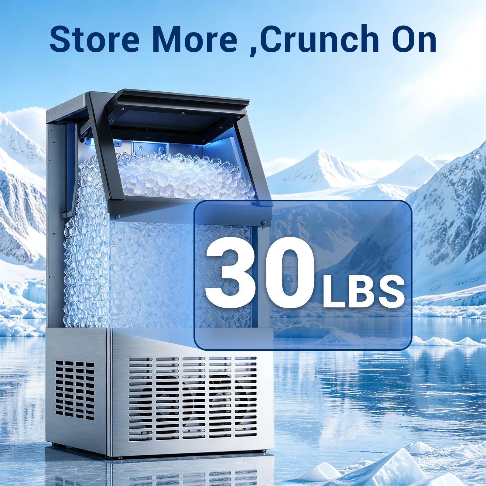 MOJGAR commercial nugget ice maker with a 30 lb insulated ice storage bin for keeping a large supply of soft chewable nugget ice ready for service.