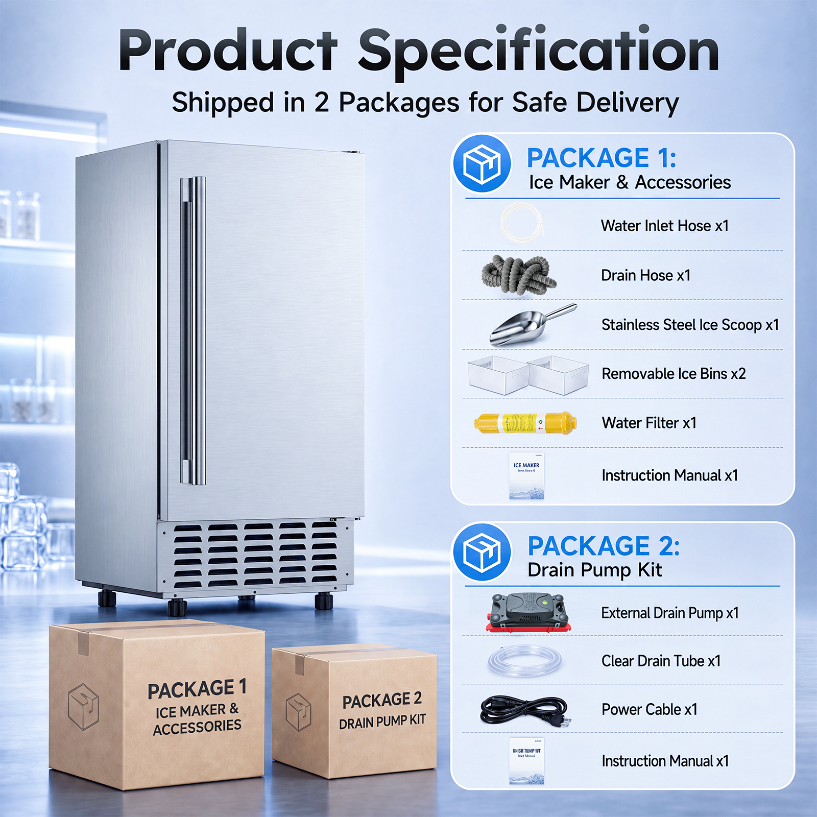 Mojgar undercounter nugget ice maker package with water hose, drain hose, stainless steel scoop, removable ice bins, water filter, external drain pump, and installation accessories.