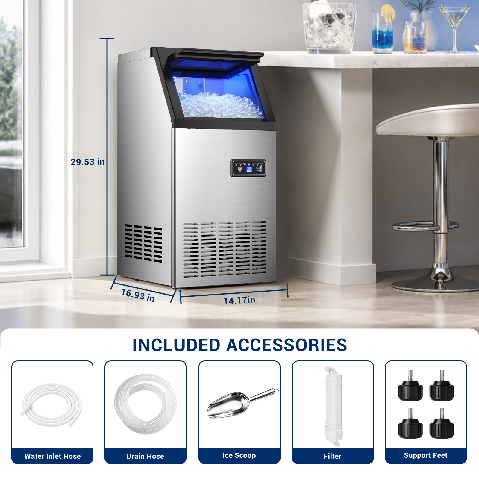 MOJGAR commercial nugget ice maker measuring 14.17 x 16.93 x 29.53 inches with water inlet hose, drain hose, ice scoop, filter and support feet included.