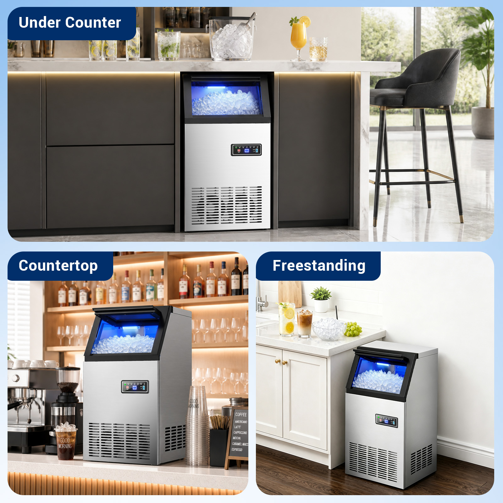 MOJGAR commercial nugget ice maker shown in under-counter, countertop and freestanding installations for cafés, bars, kitchens and beverage stations.