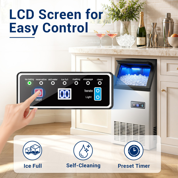 MOJGAR nugget ice maker with LCD control panel, ice-full alert, automatic self-cleaning and preset timer for convenient daily operation.