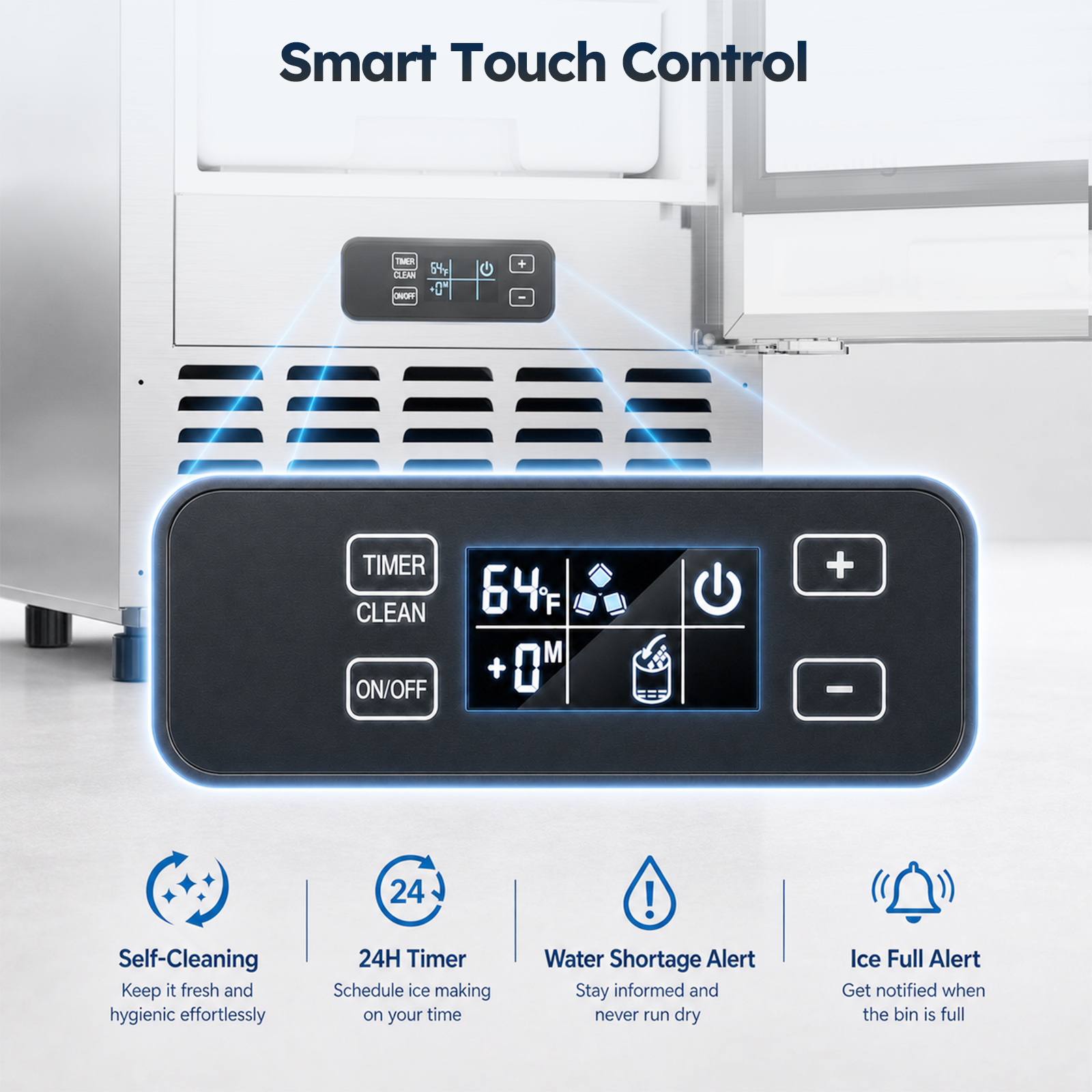 Mojgar undercounter nugget ice maker smart touch control panel with self-cleaning, 24-hour timer, water shortage alert, ice-full alert, and digital temperature display.