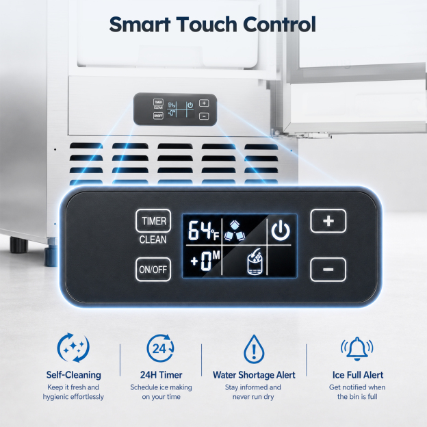 Mojgar undercounter nugget ice maker smart touch control panel with self-cleaning, 24-hour timer, water shortage alert, ice-full alert, and digital temperature display.
