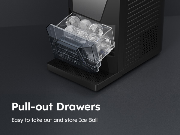 The Mojgar ice maker features a pull-out drawer that makes it easy to take out and store perfectly shaped ice balls.