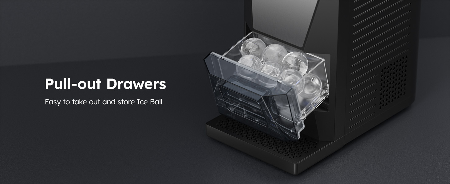 The Mojgar ice maker features a pull-out drawer that makes it easy to take out and store perfectly shaped ice balls.