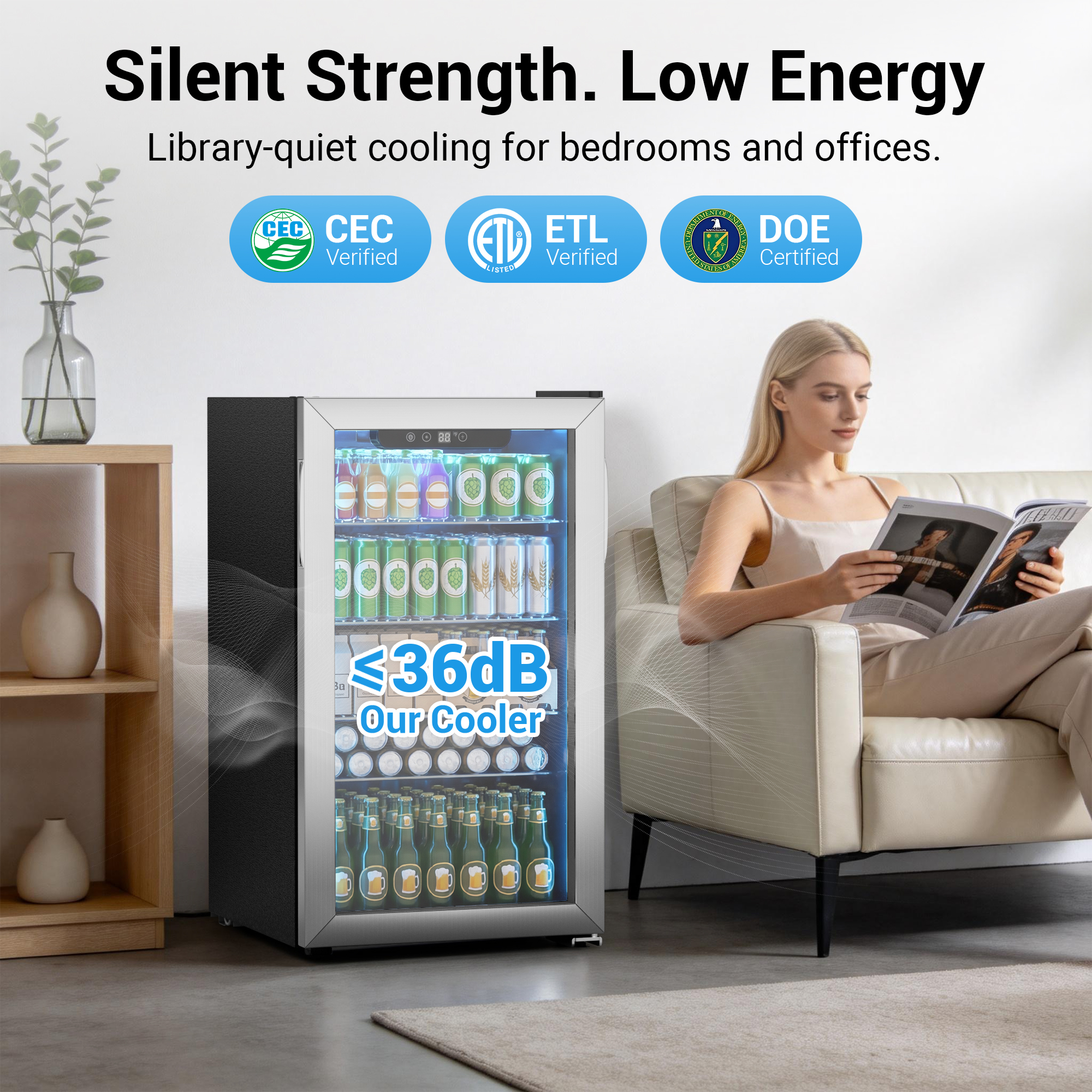 Quiet Mojgar beverage refrigerator with under 36 dB cooling, ideal for bedrooms, offices, living rooms, and home bars