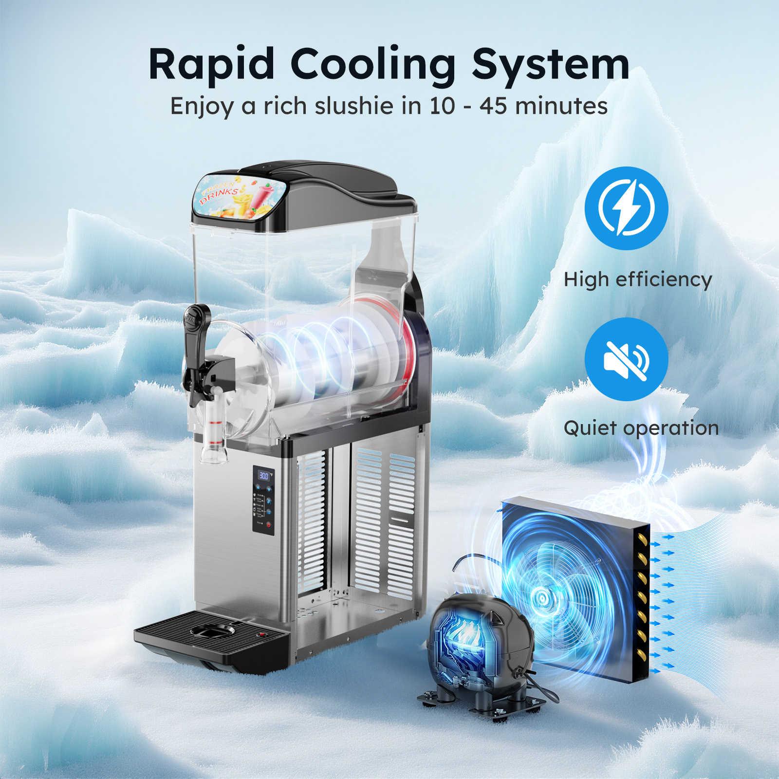 Commercial slush machine rapid cooling system with internal compressor and airflow design for efficient frozen drink production in 10 to 45 minutes