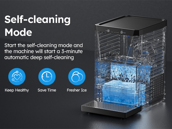 Mojgar ice maker with self-cleaning mode, starting a 3-minute automatic deep cleaning process for fresher ice and maintaining hygiene.
