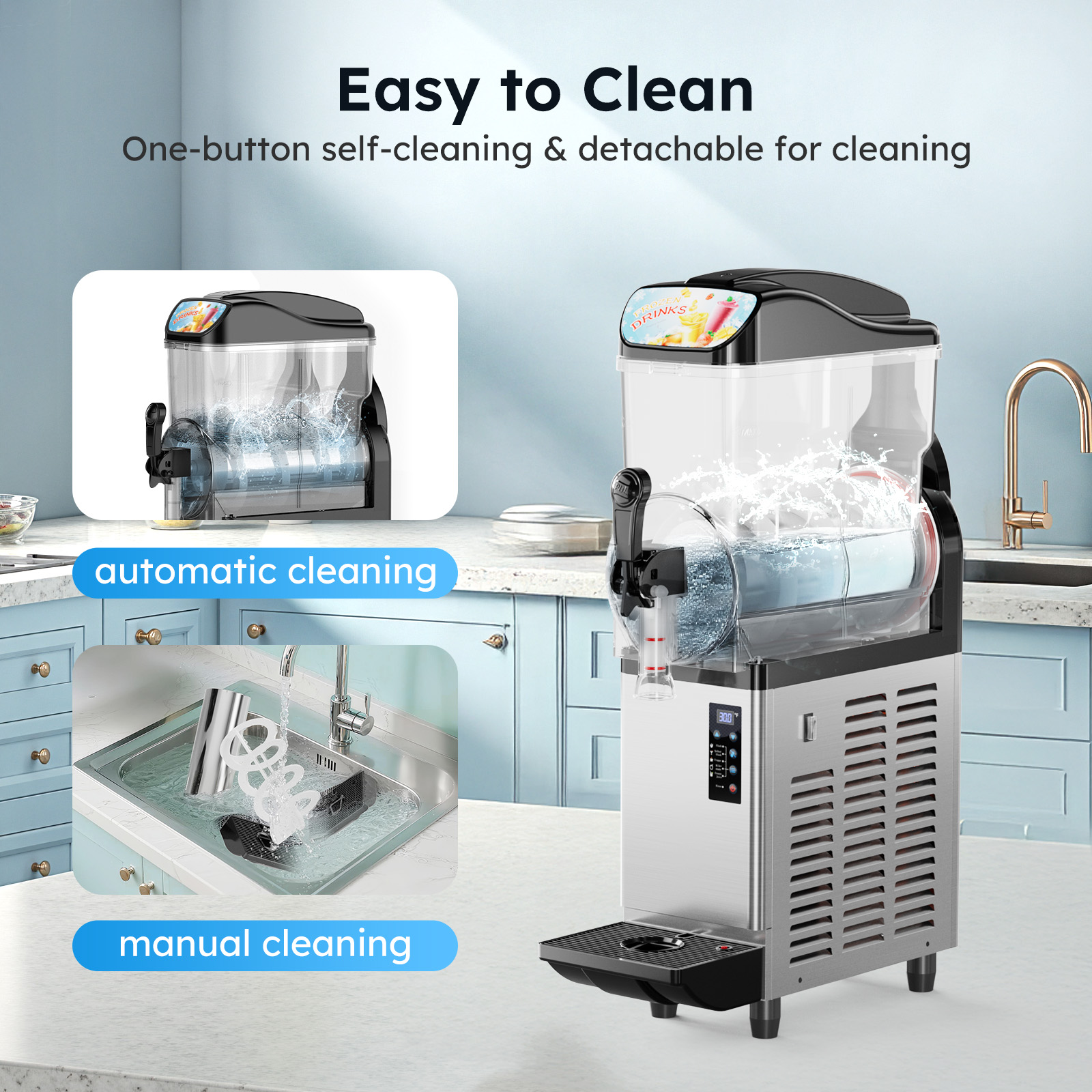 Commercial slush machine with one button self cleaning function and detachable parts for easier daily maintenance in food service use