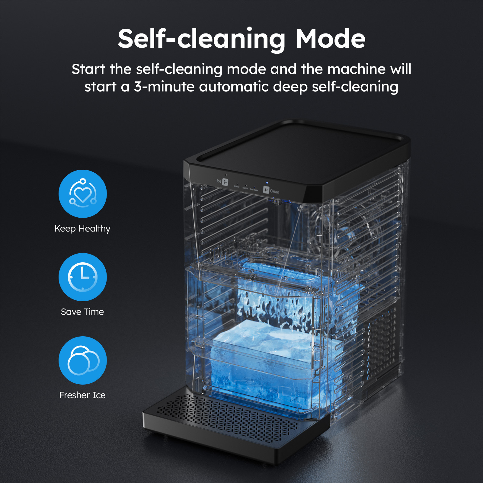 Demonstration of Mojgar ice maker's self-cleaning mode, ensuring fresh and odor-free ice with a 3-minute automatic deep clean.