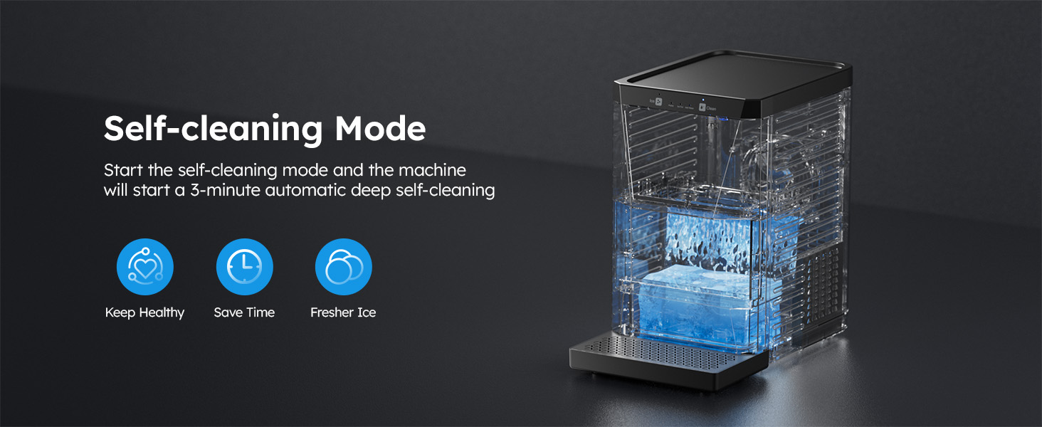 Mojgar ice maker with self-cleaning mode, starting a 3-minute automatic deep cleaning process for fresher ice and maintaining hygiene.