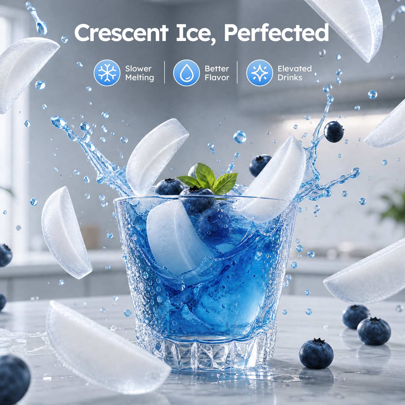 Smooth crescent ice made by the Mojgar under counter ice maker, designed for cocktails, whiskey, soda, iced coffee, and other chilled drinks.