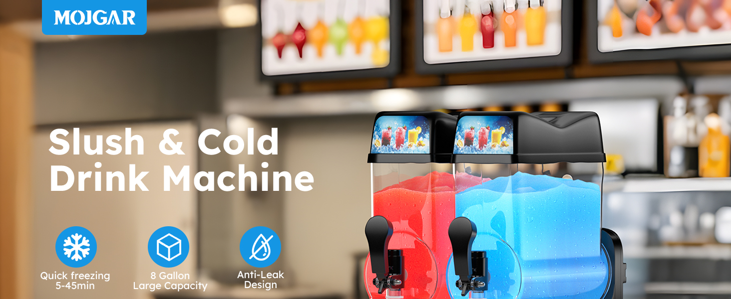 Mojgar slush and cold drink machine with quick freezing (5-45 min), 8-gallon large capacity, and anti-leak design. Ideal for commercial use in bars, cafes, and restaurants. Features dual tanks for colorful frozen beverages, enhancing drink presentation an