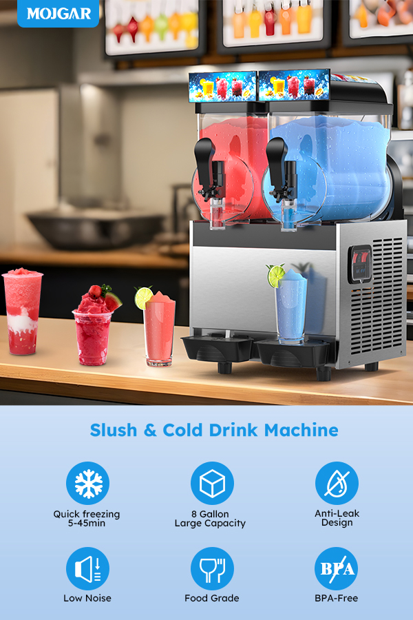 Mojgar Slush and Cold Drink Machine with quick freezing, 8-gallon capacity, anti-leak, low noise, BPA-free, food-grade materials, ideal for bars, restaurants, and home use.