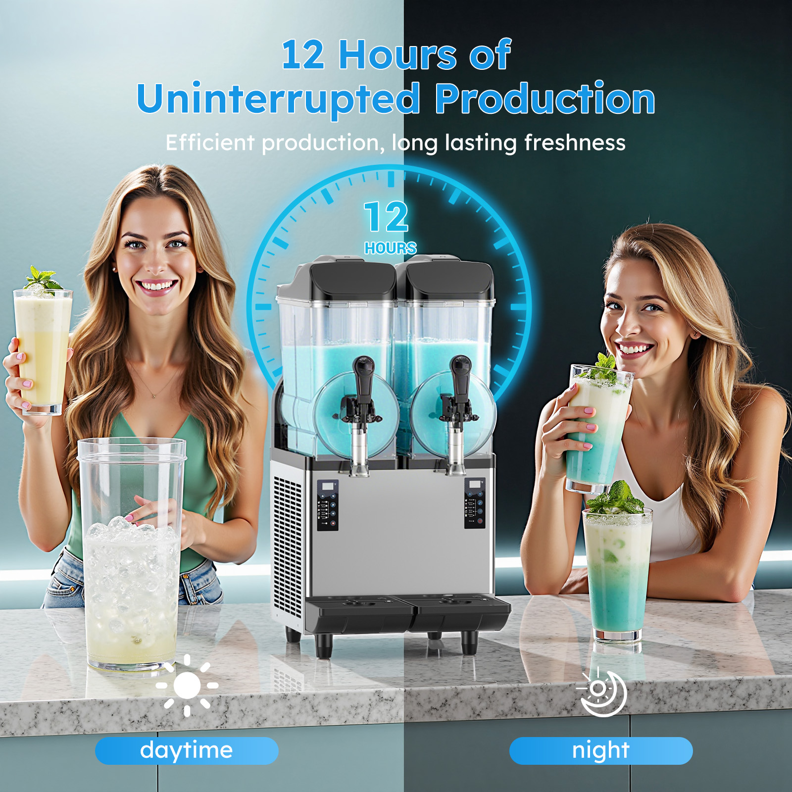 Mojgar commercial slush machine for 12 hours of uninterrupted production, shown for daytime and night service with consistent frozen drinks.