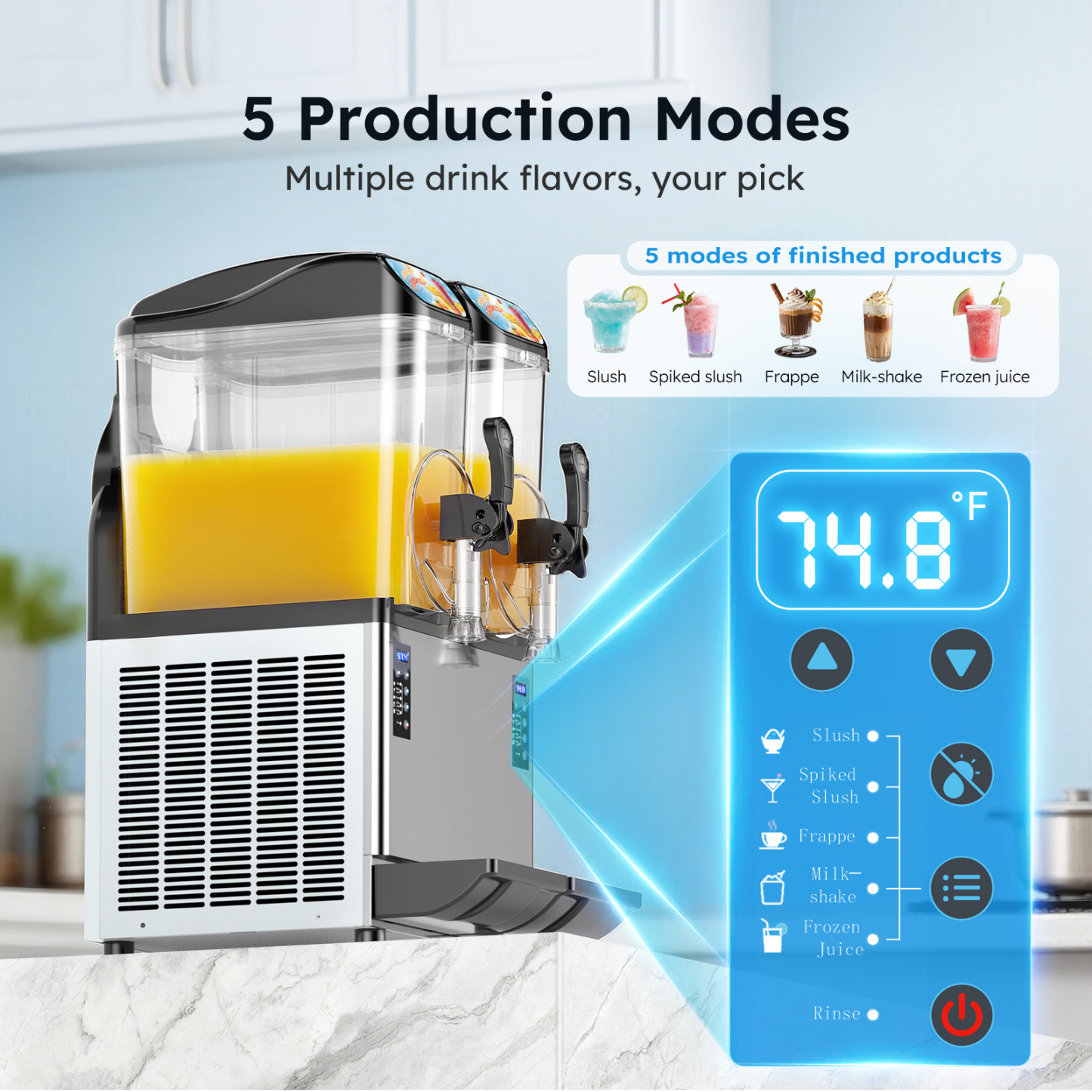 Mojgar slush machine with 5 production modes and digital temperature display for slush, spiked slush, frappe, milkshake, and frozen juice.
