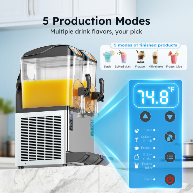 Mojgar slush machine with 5 production modes and digital temperature display for slush, spiked slush, frappe, milkshake, and frozen juice.