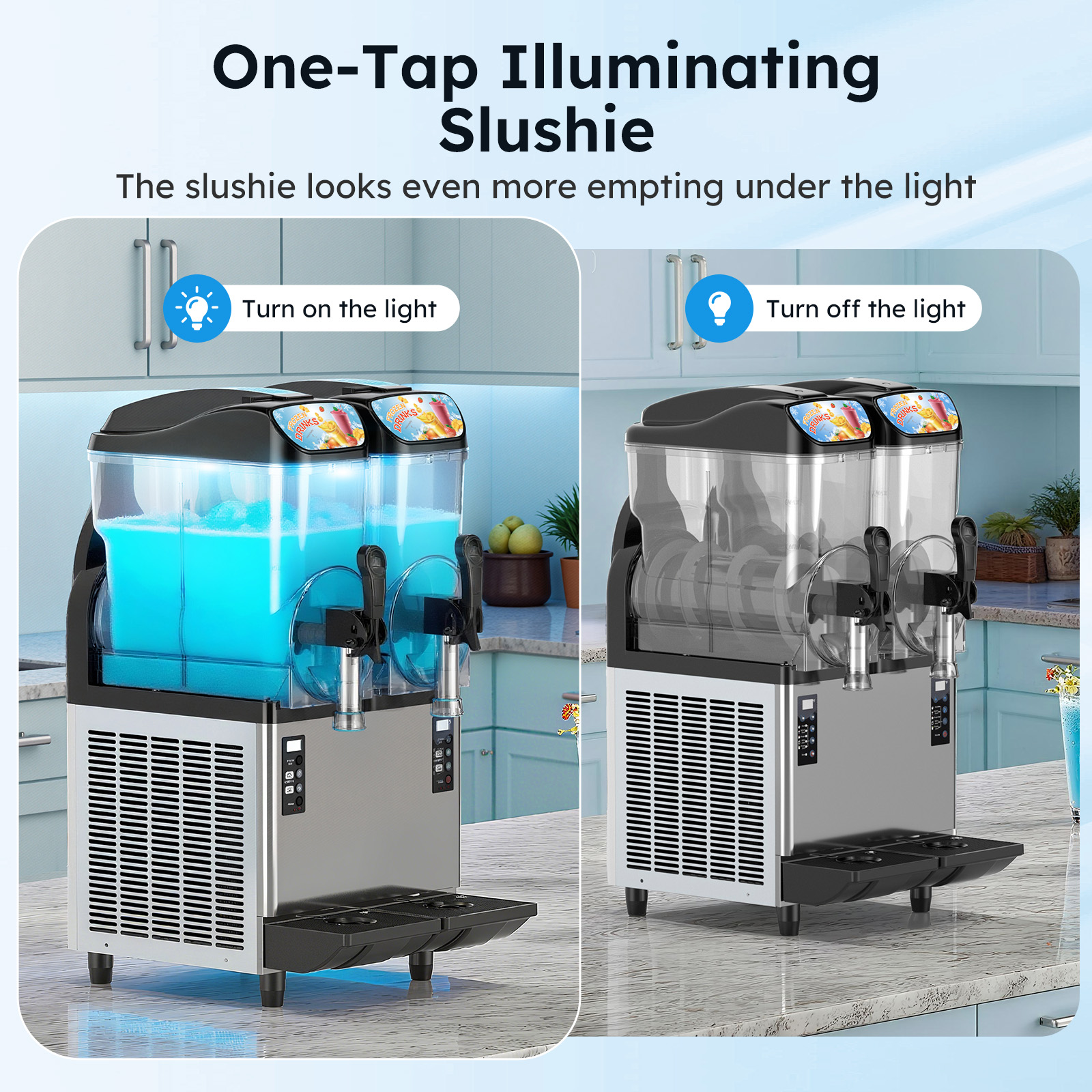 One-tap LED illuminating feature on Mojgar dual tank slush machine, showing light on and light off for better drink display.