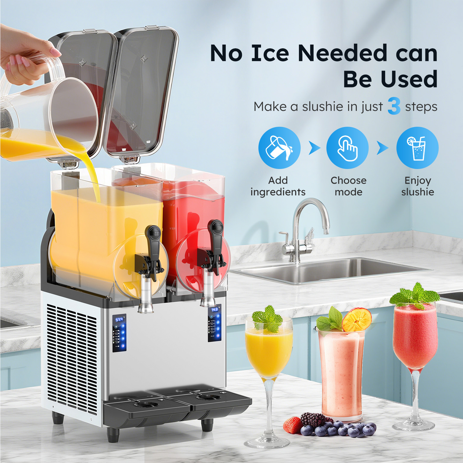 No-ice-needed Mojgar dual tank slush machine showing 3 steps: add ingredients, choose mode, enjoy frozen drinks.