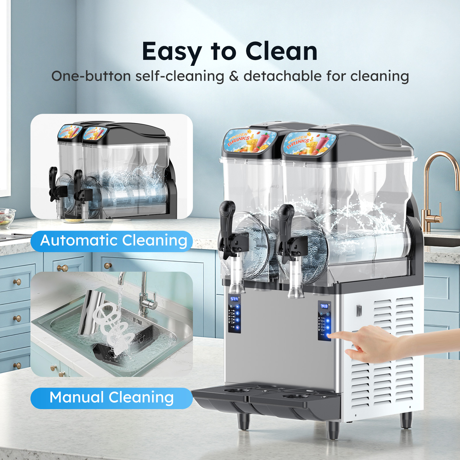 Easy to clean Mojgar commercial slushy machine with one-button self-cleaning and detachable parts for manual cleaning.