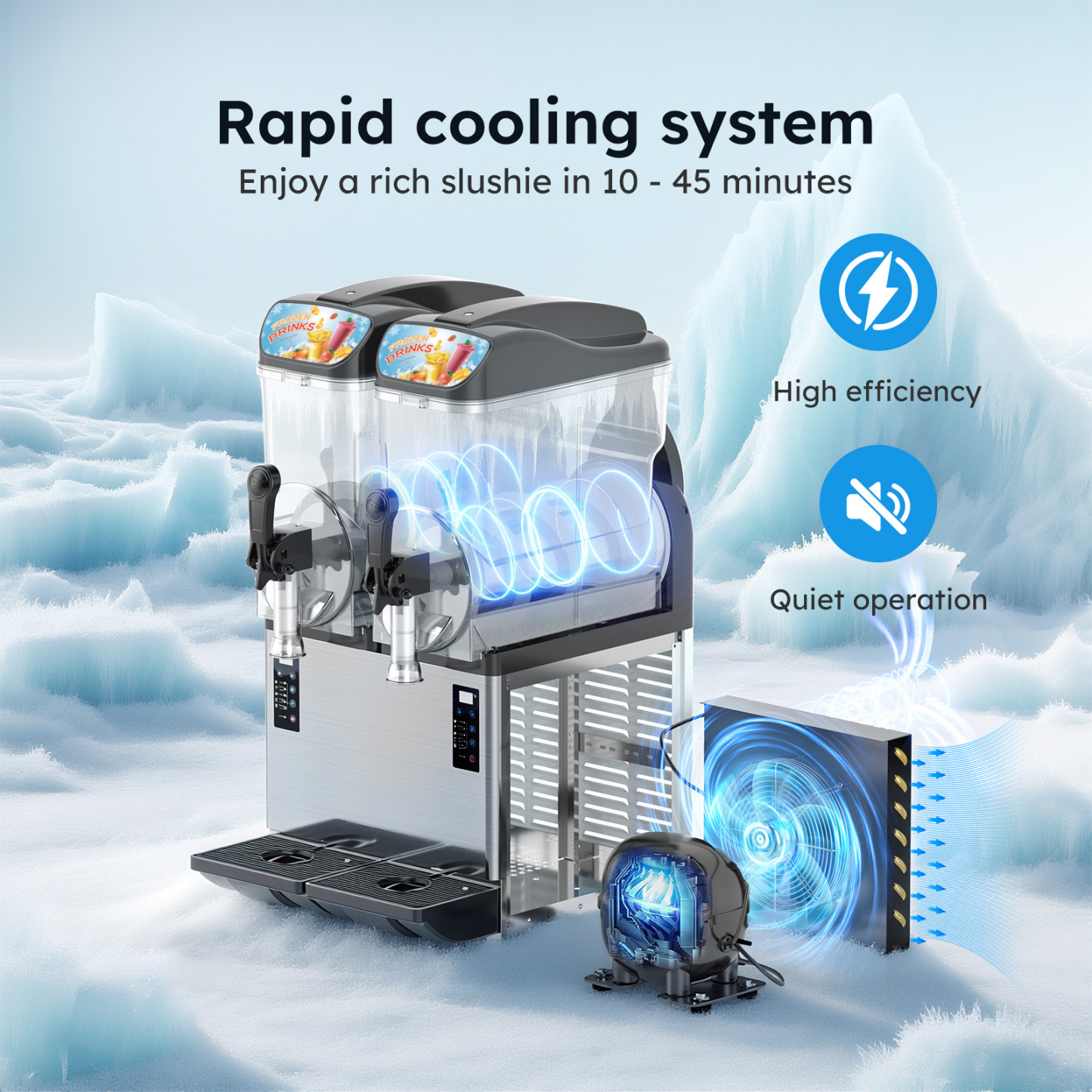 Rapid cooling system of Mojgar commercial slush machine, designed for efficient, quiet operation and fast slush production in 10–45 minutes.