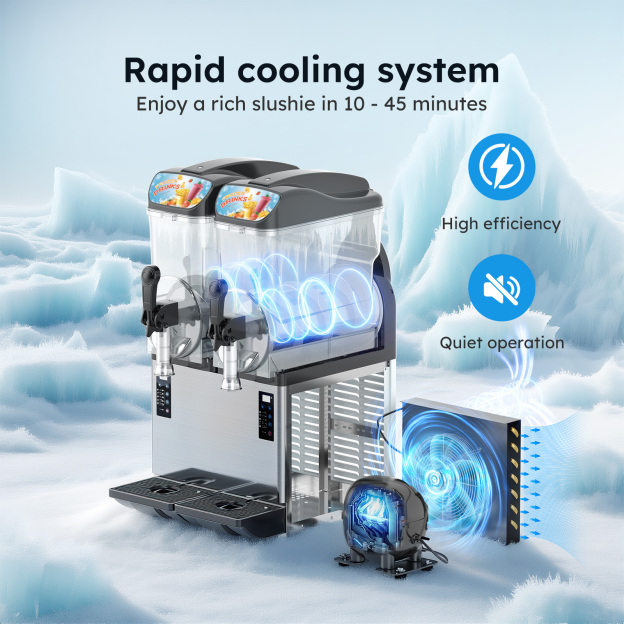 Rapid cooling system of Mojgar commercial slush machine, designed for efficient, quiet operation and fast slush production in 10–45 minutes.