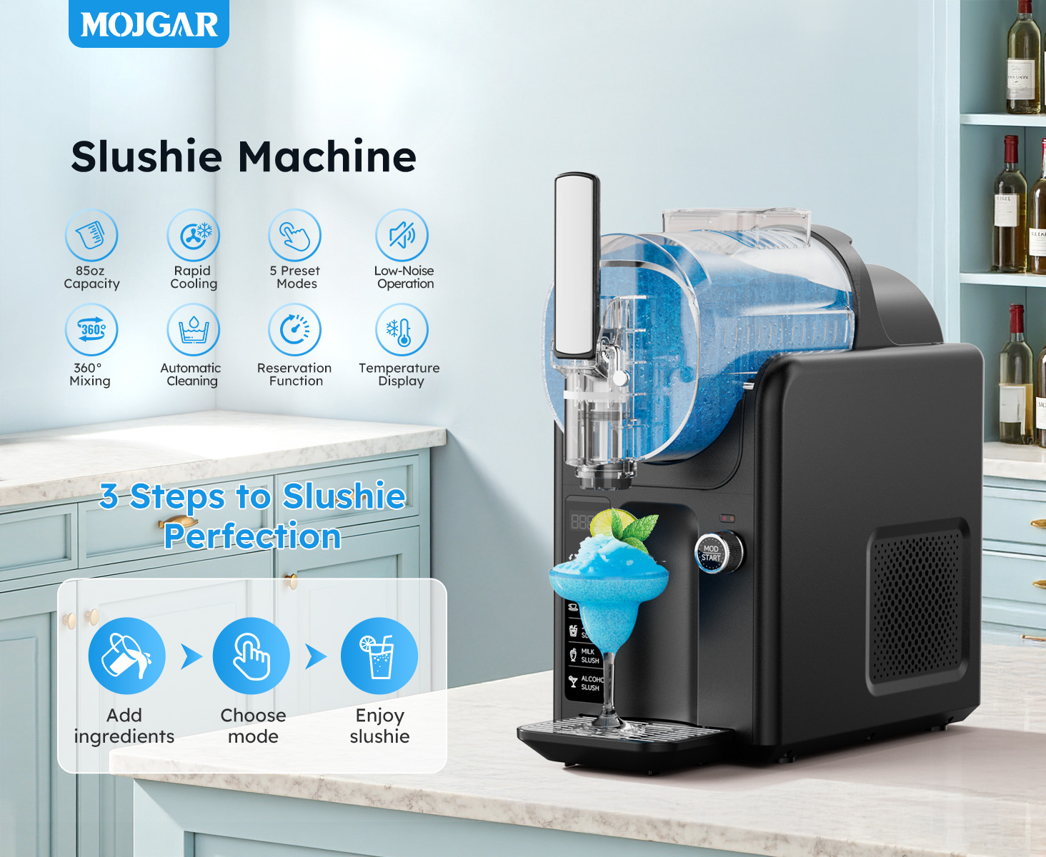 {"default":"Mojgar Slushie Machine with 85oz capacity, rapid cooling, 5 preset modes, automatic cleaning, and low-noise operation. Easily make slushies in three simple steps."}
