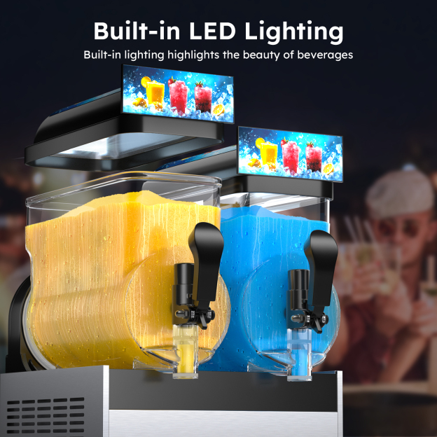 Mojgar Frozen Drink and Slushie Machine with built-in LED lighting, highlighting colorful beverages in dual 15L tanks, ideal for attracting customers in bars, cafes, parties, and events.