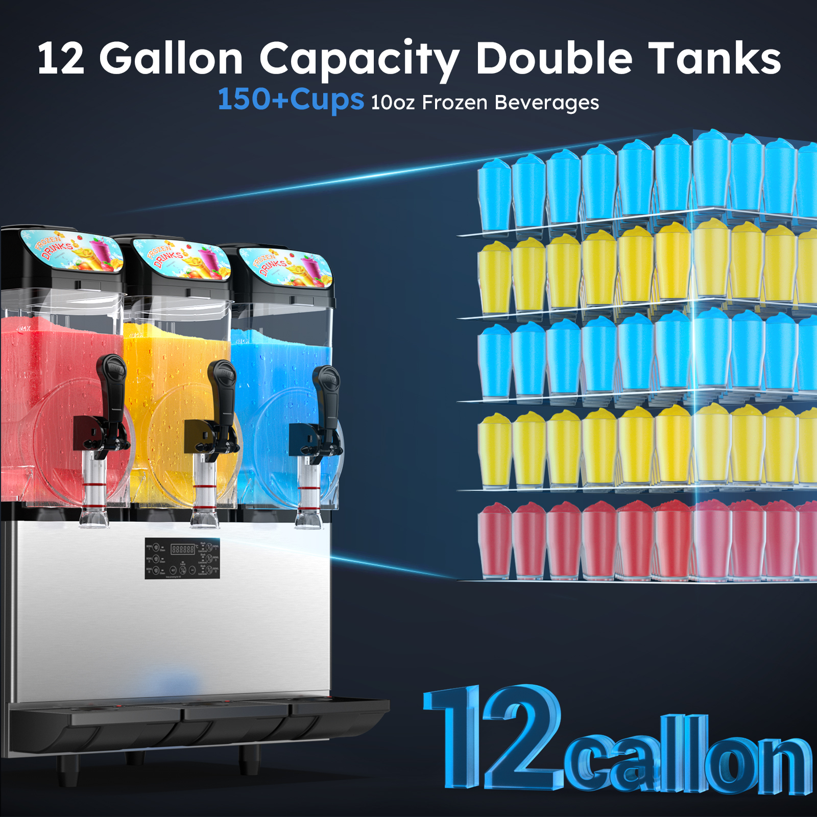 Mojgar Slushy Machine with a 12-gallon capacity, producing 150+ cups of 10oz frozen drinks. Ideal for high-demand environments like bars, restaurants, and events. Features three tanks, fast freezing, and LED controls for efficient beverage production.