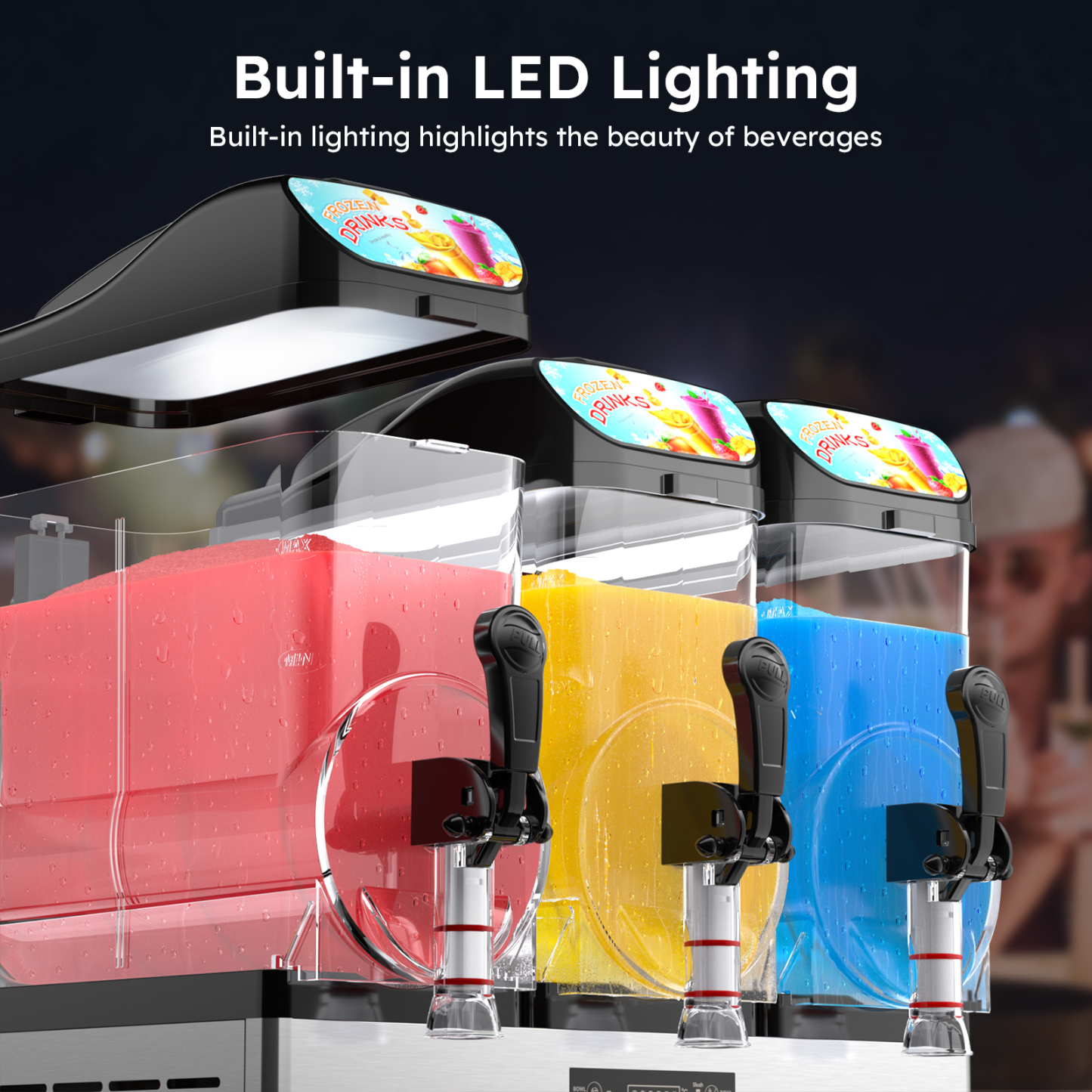 Mojgar Slushy Machine with built-in LED lighting, enhancing the visibility and appeal of frozen drinks. Features a three-tank design for making margaritas, daiquiris, and more. Perfect for bars, restaurants, and events.