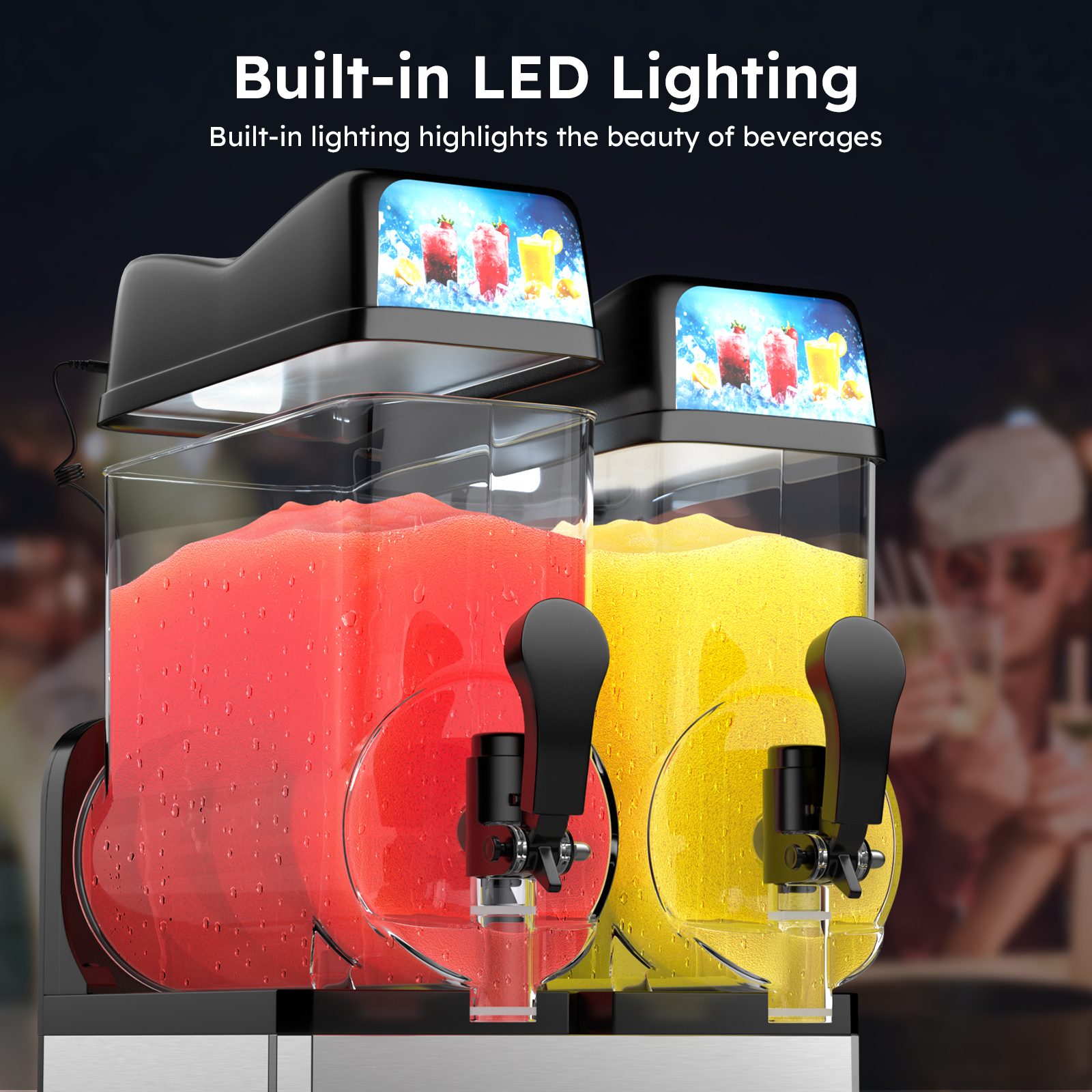 Mojgar slushy machine with built-in LED lighting, enhancing the visual appeal of beverages. Dual-tank design with red and yellow frozen drinks. Ideal for bars, cafes, and restaurants. Stainless steel body, easy-to-use tap dispensers, and efficient cooling system.