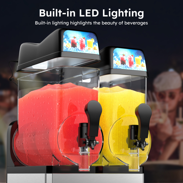 Mojgar slushy machine with built-in LED lighting, enhancing the visual appeal of beverages. Dual-tank design with red and yellow frozen drinks. Ideal for bars, cafes, and restaurants. Stainless steel body, easy-to-use tap dispensers, and efficient cooling system.