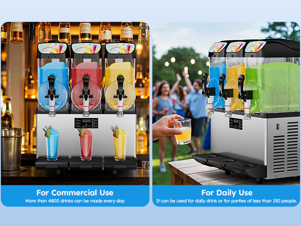 Mojgar Slushy Machine for commercial and home use, producing 4,800+ drinks daily. Perfect for bars, restaurants, and parties under 150 people, with fast freezing and large capacity.