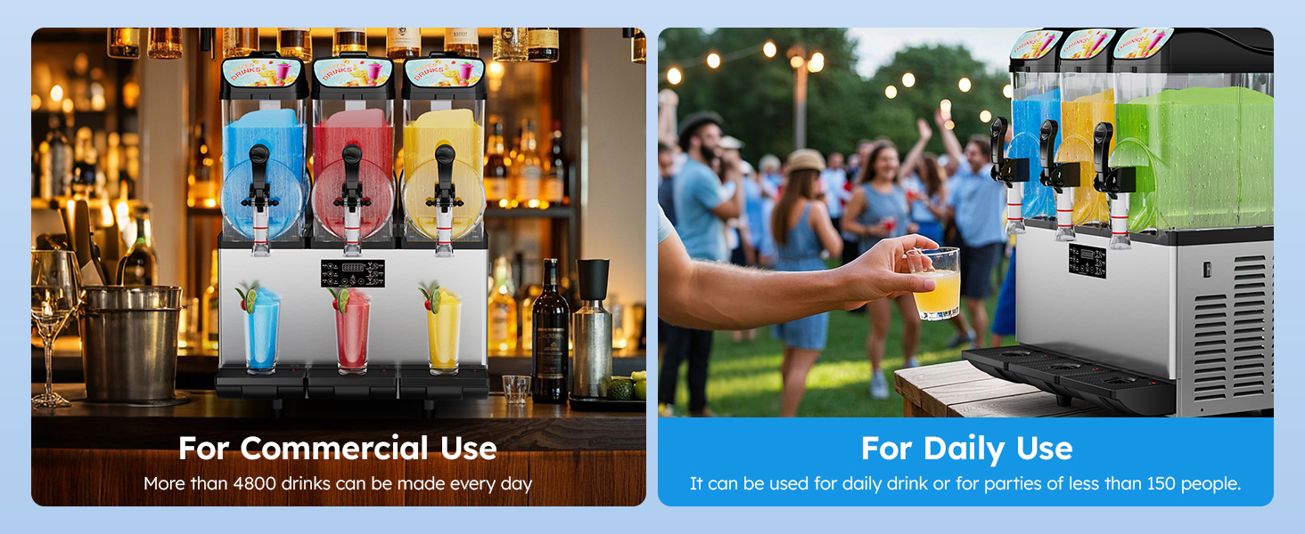 Mojgar Slushy Machine for commercial and home use, producing 4,800+ drinks daily. Perfect for bars, restaurants, and parties under 150 people, with fast freezing and large capacity.