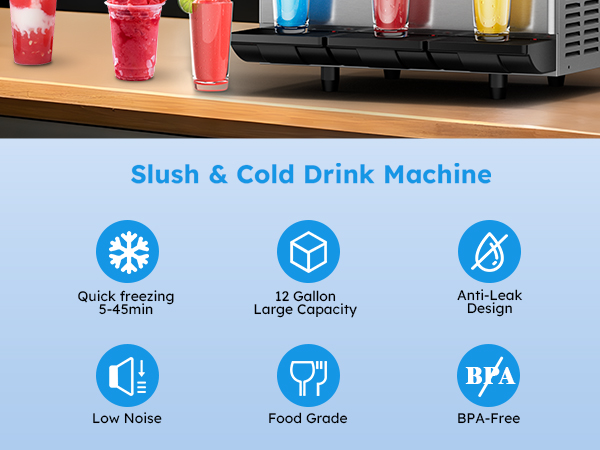 Mojgar Slushy Machine for making slush and cold drinks with quick freezing (5-45 min), 12-gallon capacity, and anti-leak design. BPA-free, food-grade materials, and low noise operation.