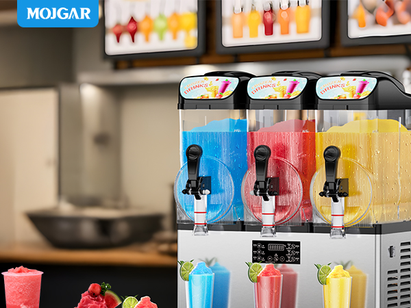 Mojgar Slushy Machine for making slush and cold drinks with quick freezing (5-45 min), 12-gallon capacity, and anti-leak design. BPA-free, food-grade materials, and low noise operation.