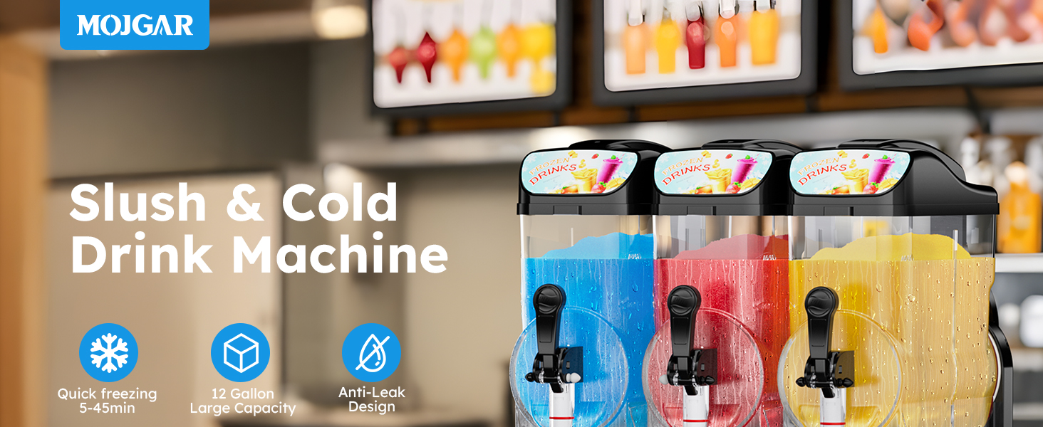 Mojgar Slushy Machine for making slush and cold drinks with quick freezing (5-45 min), 12-gallon capacity, and anti-leak design. BPA-free, food-grade materials, and low noise operation.