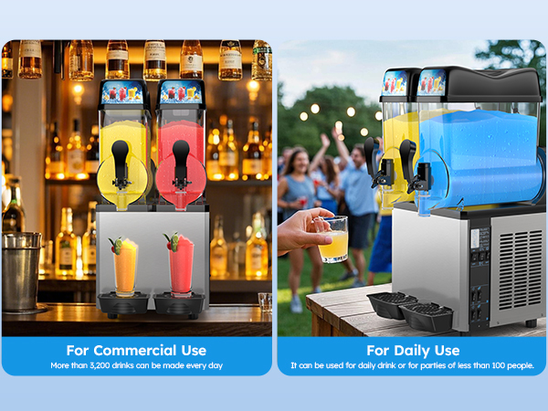 Mojgar slushy machine is perfect for both commercial and daily use. Can produce over 3,200 drinks per day for bars, cafes, and restaurants or serve small parties under 100 people. Features dual tanks, fast cooling, and a user-friendly design.