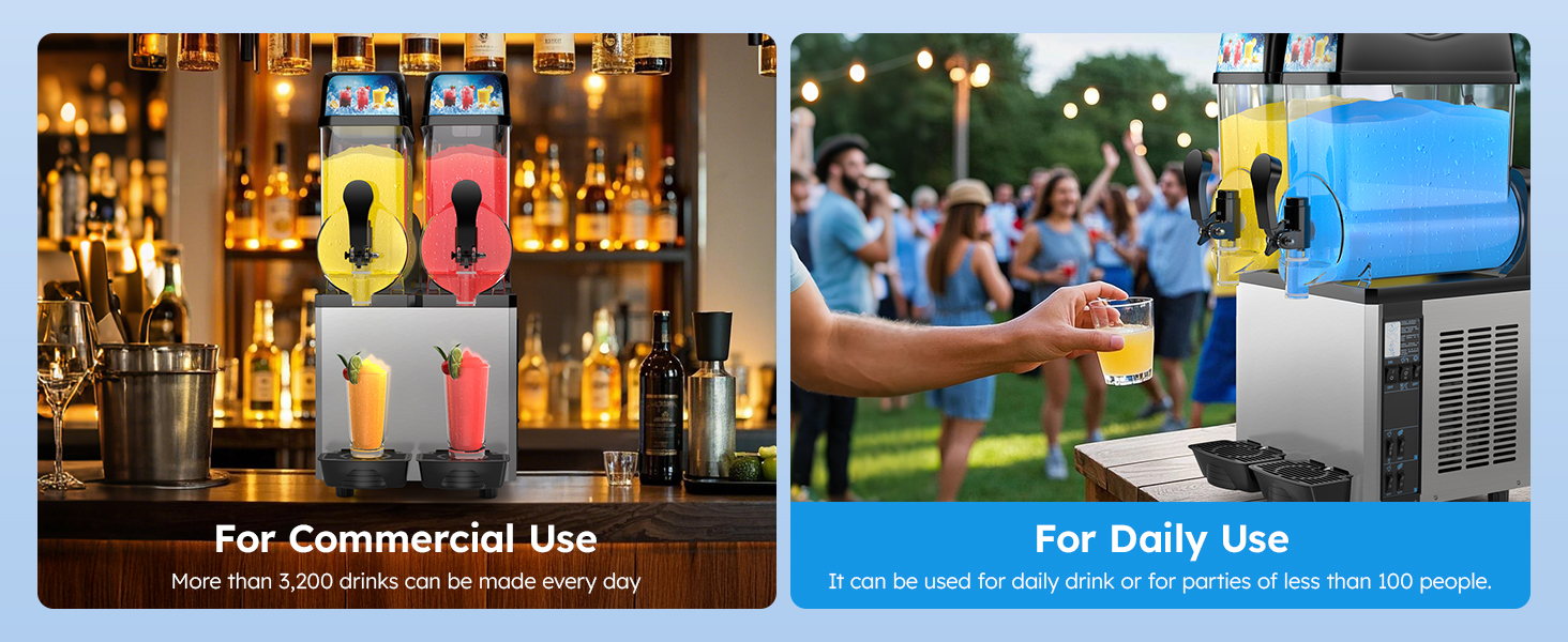 Mojgar slushy machine is perfect for both commercial and daily use. Can produce over 3,200 drinks per day for bars, cafes, and restaurants or serve small parties under 100 people. Features dual tanks, fast cooling, and a user-friendly design.