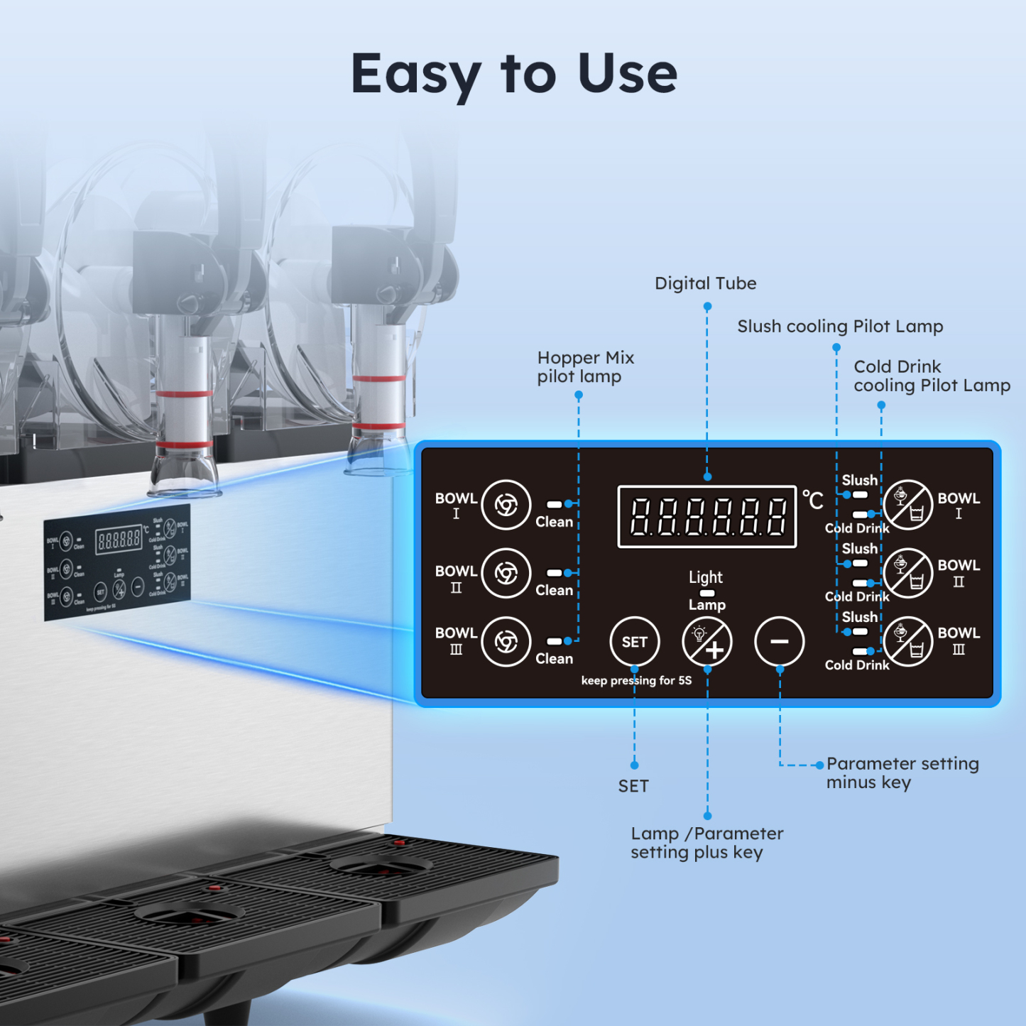 Mojgar Slushy Machine with an easy-to-use digital control panel, featuring slush and cold drink modes, temperature settings, and cleaning functions. Designed for efficient operation in bars, restaurants, and cafés.