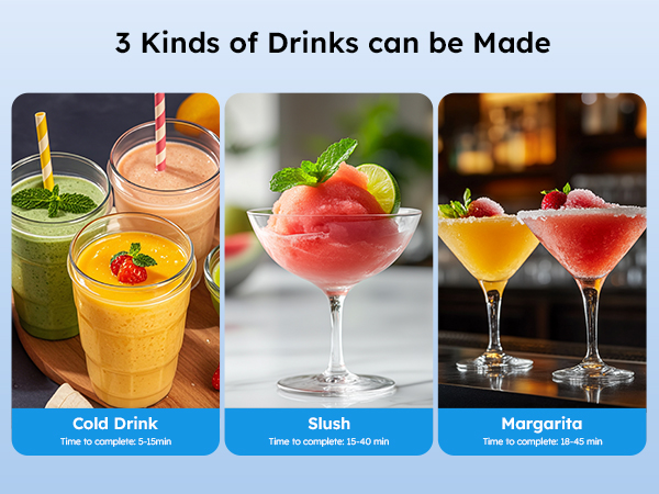 Mojgar Slushy Machine makes cold drinks (5-15 min), slush (15-40 min), and margaritas (18-45 min). Perfect for bars, cafés, restaurants, and home use with fast freezing technology.