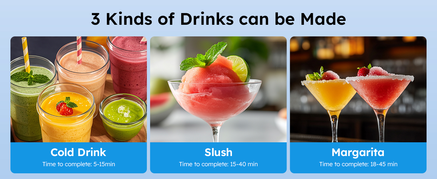 Mojgar Slushy Machine makes cold drinks (5-15 min), slush (15-40 min), and margaritas (18-45 min). Perfect for bars, cafés, restaurants, and home use with fast freezing technology.