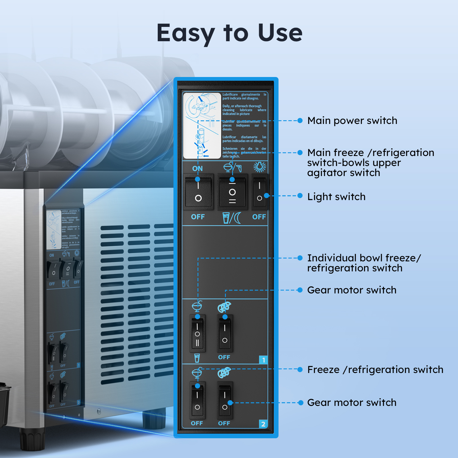 Mojgar slushy machine with easy-to-use control panel. Features main power switch, freeze/refrigeration switches, light switch, individual bowl controls, and gear motor switches. Designed for user convenience in bars, cafes, and restaurants. Ensures efficient operation and precise adjustments.