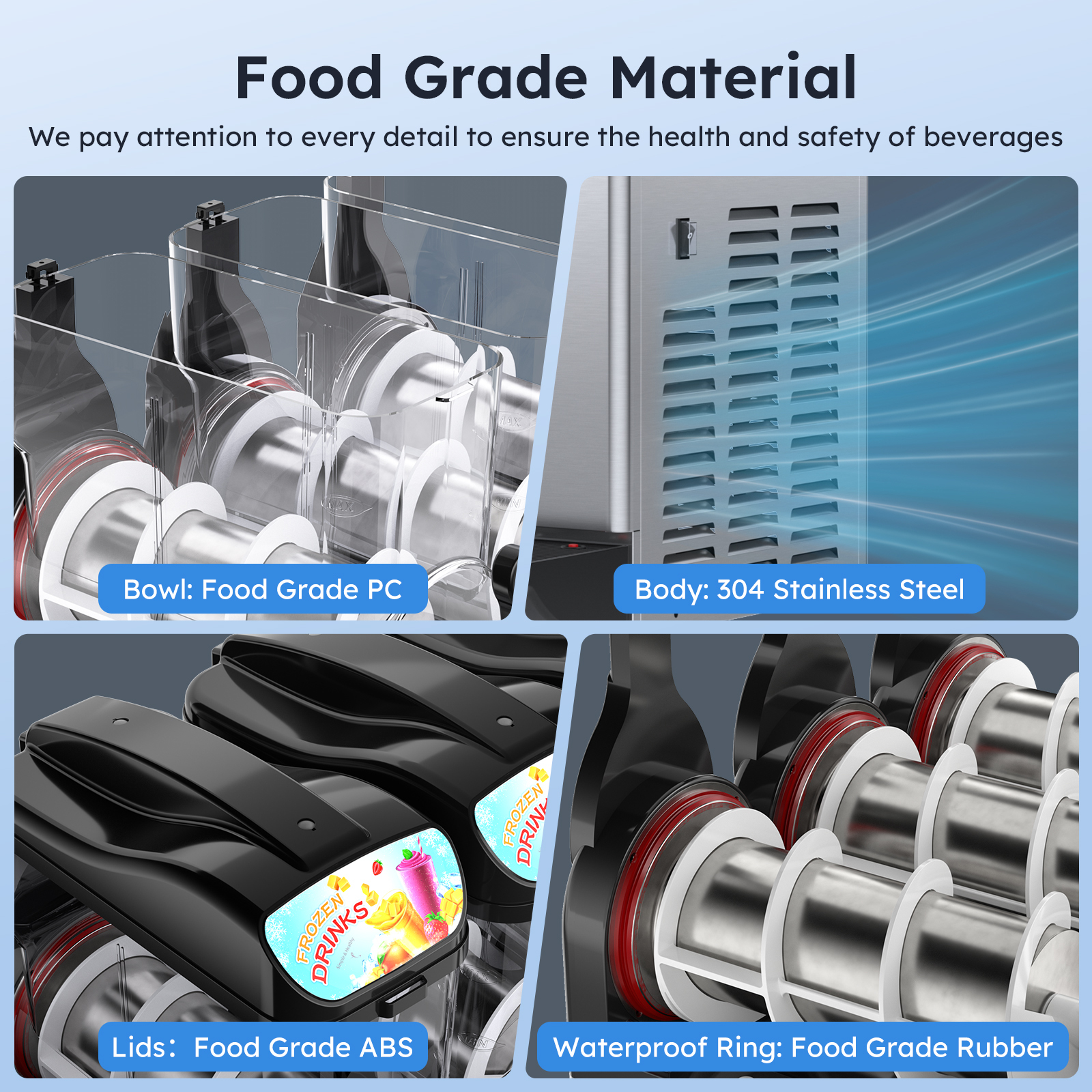 Mojgar Slushy Machine made with food-grade materials, including 304 stainless steel body, PC bowls, ABS lids, and waterproof rubber rings. Ensures safe and hygienic frozen drink production for bars, restaurants, and events.