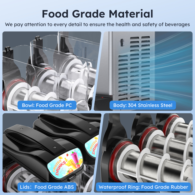 Mojgar Slushy Machine made with food-grade materials, including 304 stainless steel body, PC bowls, ABS lids, and waterproof rubber rings. Ensures safe and hygienic frozen drink production for bars, restaurants, and events.