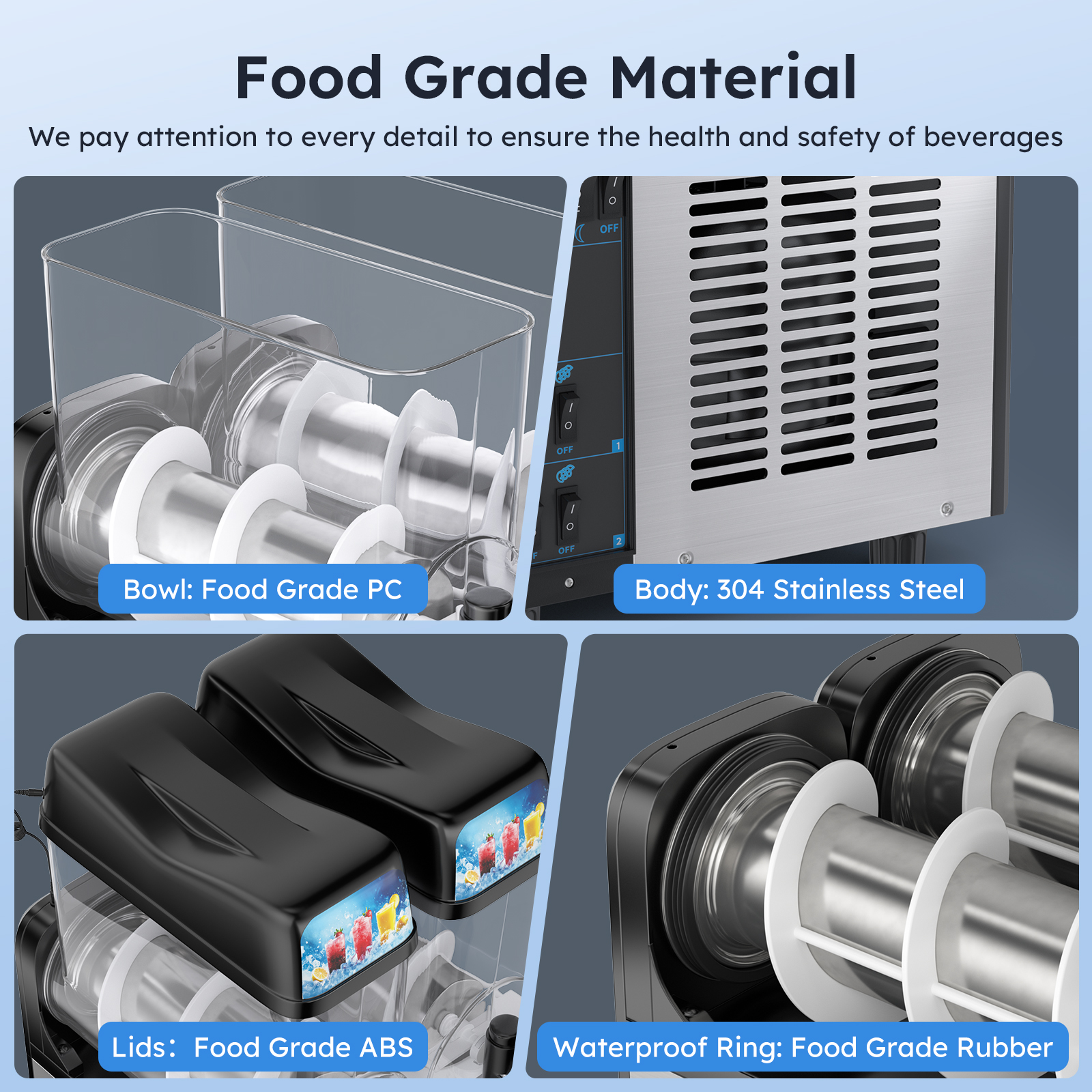 Mojgar slushy machine made with food-grade materials, including PC bowls, ABS lids, waterproof rubber rings, and a 304 stainless steel body. Ensures beverage safety and durability. Ideal for commercial use in bars, cafes, and restaurants. High-quality construction for long-lasting performance.