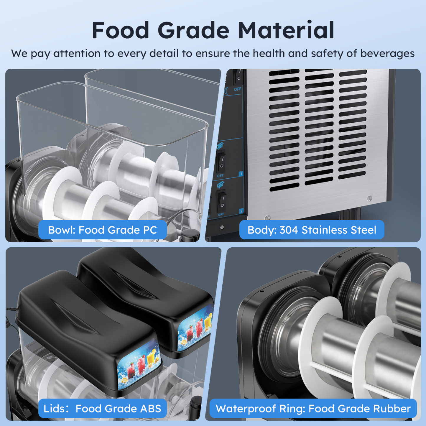 Mojgar slushy machine made with food-grade materials, including PC bowls, ABS lids, waterproof rubber rings, and a 304 stainless steel body. Ensures beverage safety and durability. Ideal for commercial use in bars, cafes, and restaurants. High-quality construction for long-lasting performance.