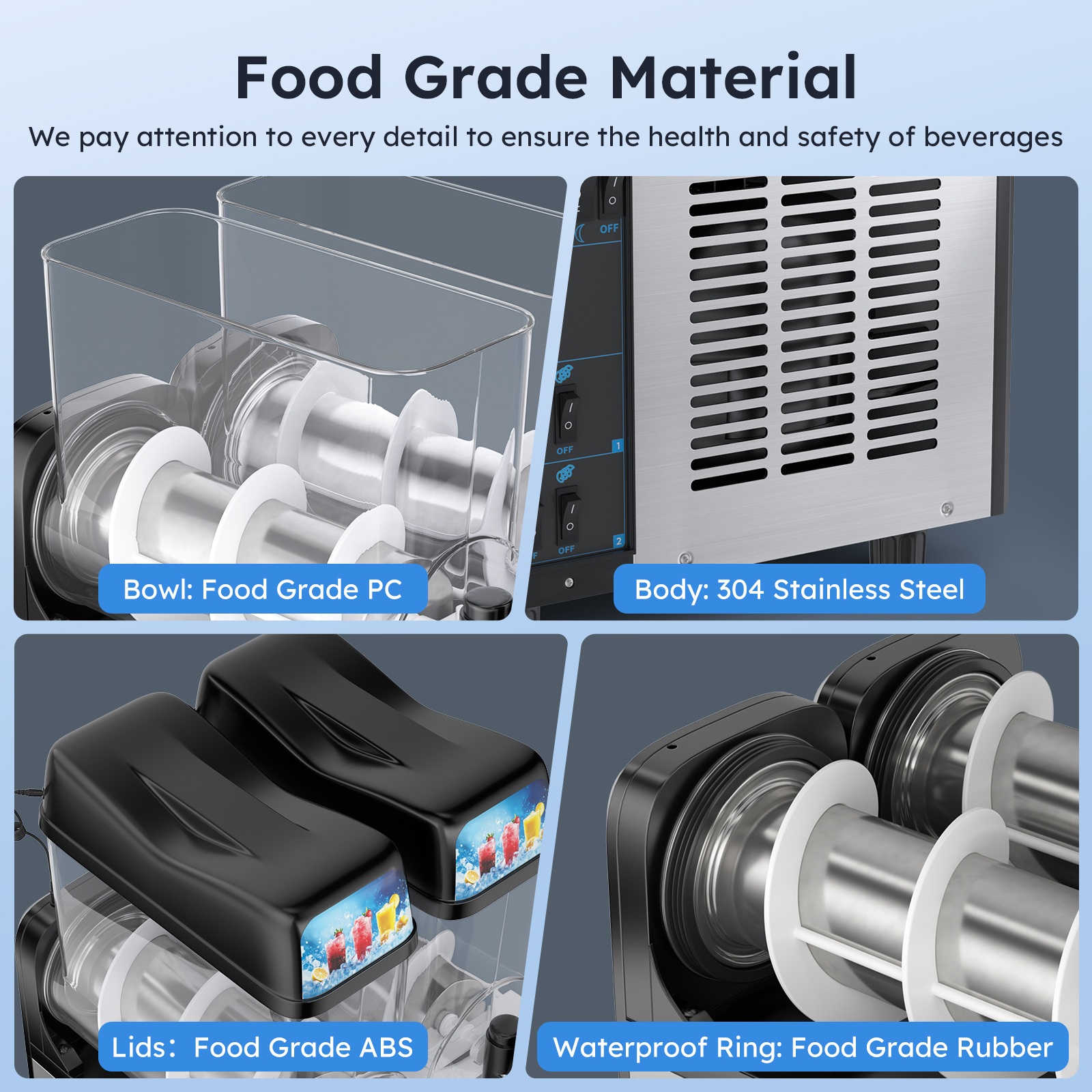Mojgar slushy machine made with food-grade materials, including PC bowls, ABS lids, waterproof rubber rings, and a 304 stainless steel body. Ensures beverage safety and durability. Ideal for commercial use in bars, cafes, and restaurants. High-quality construction for long-lasting performance.